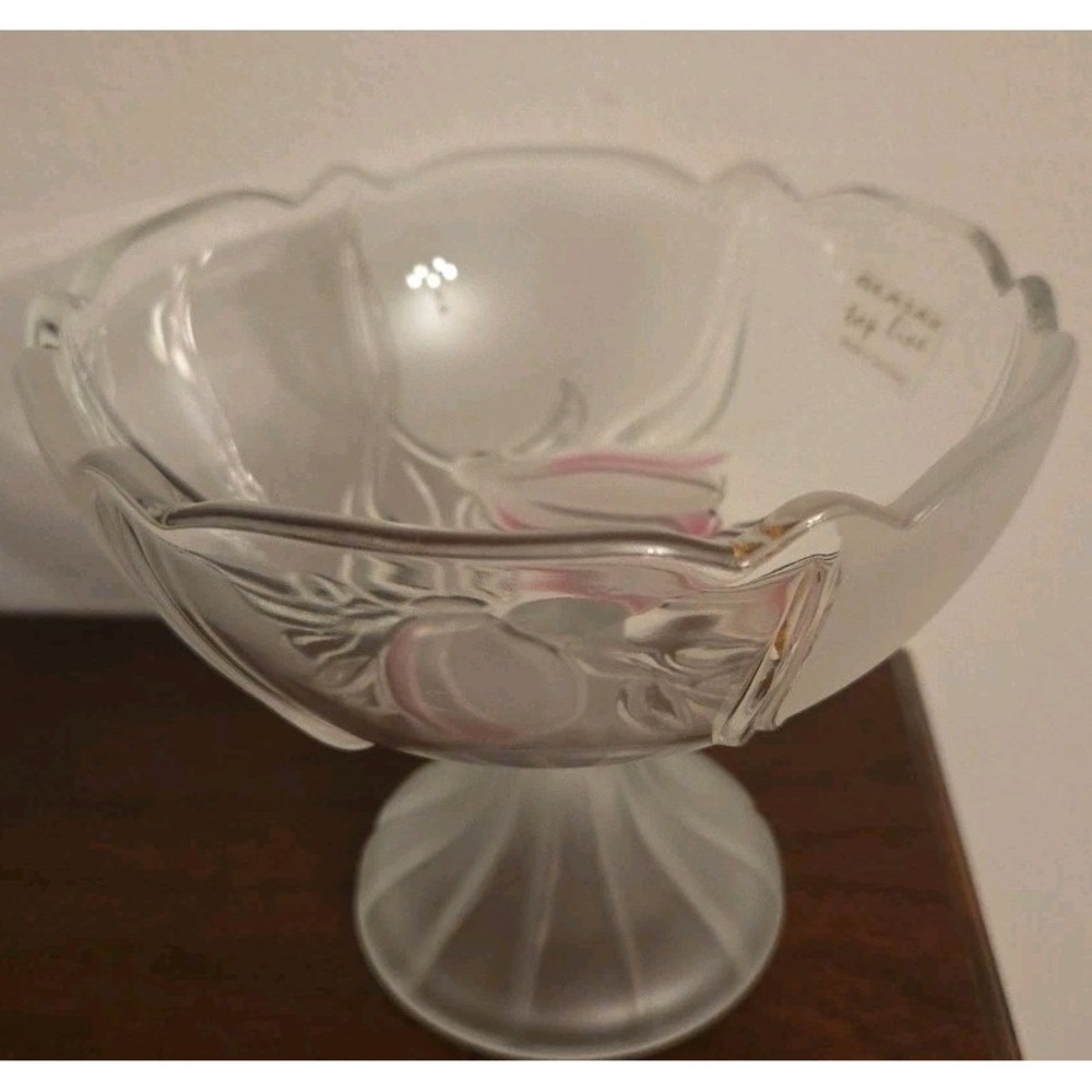 Vintage(NEW) Glasax‎ Footed Bowl Pink Frosted Embossed Tulips